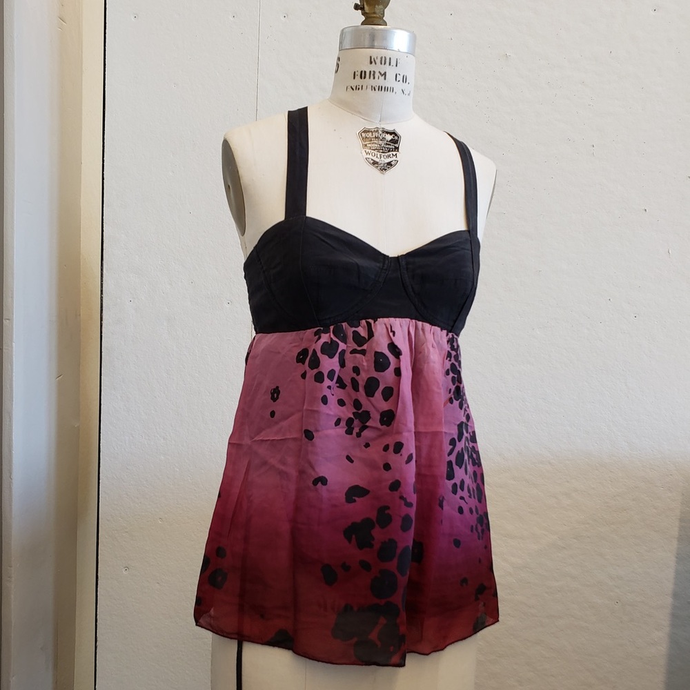 Sweetheart Empire Waist Silk Black Pink Floral Top